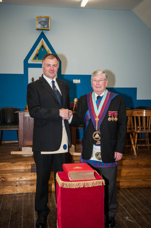 Alex Roberts, the candidate for the Excellent Master's Degree, and Past First Principal and Provincial Grand Superintendent, John Hackett